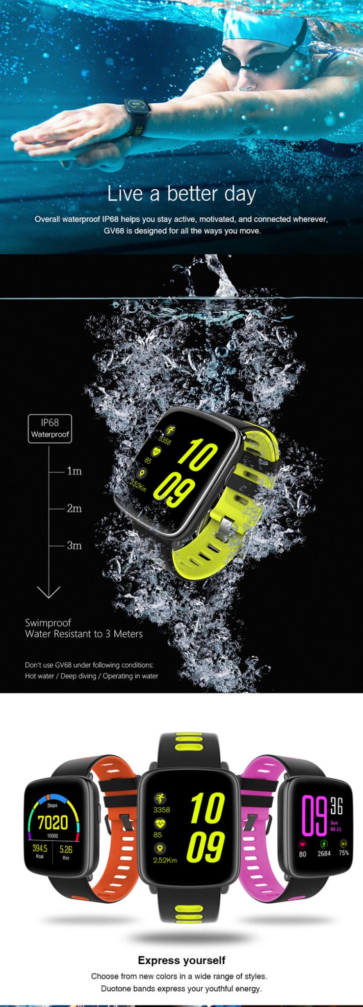 KINGWEAR GV68 MT2502D IP68 Waterproof Swim Call Heart Rate Monitor Smart Watch for IOS Android