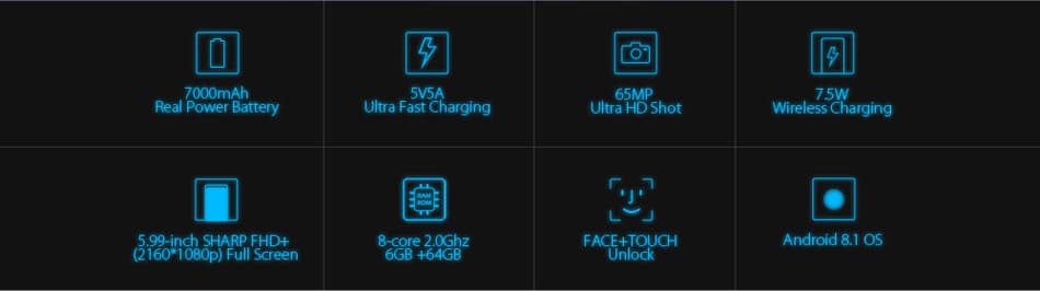 Leagoo Power 5 5.99 inch FHD+ Android 8.1 Wireless Charging 7000mAh 5V/5A 6GB RAM 64GB ROM MT6763 Octa Core 4G Smartphone