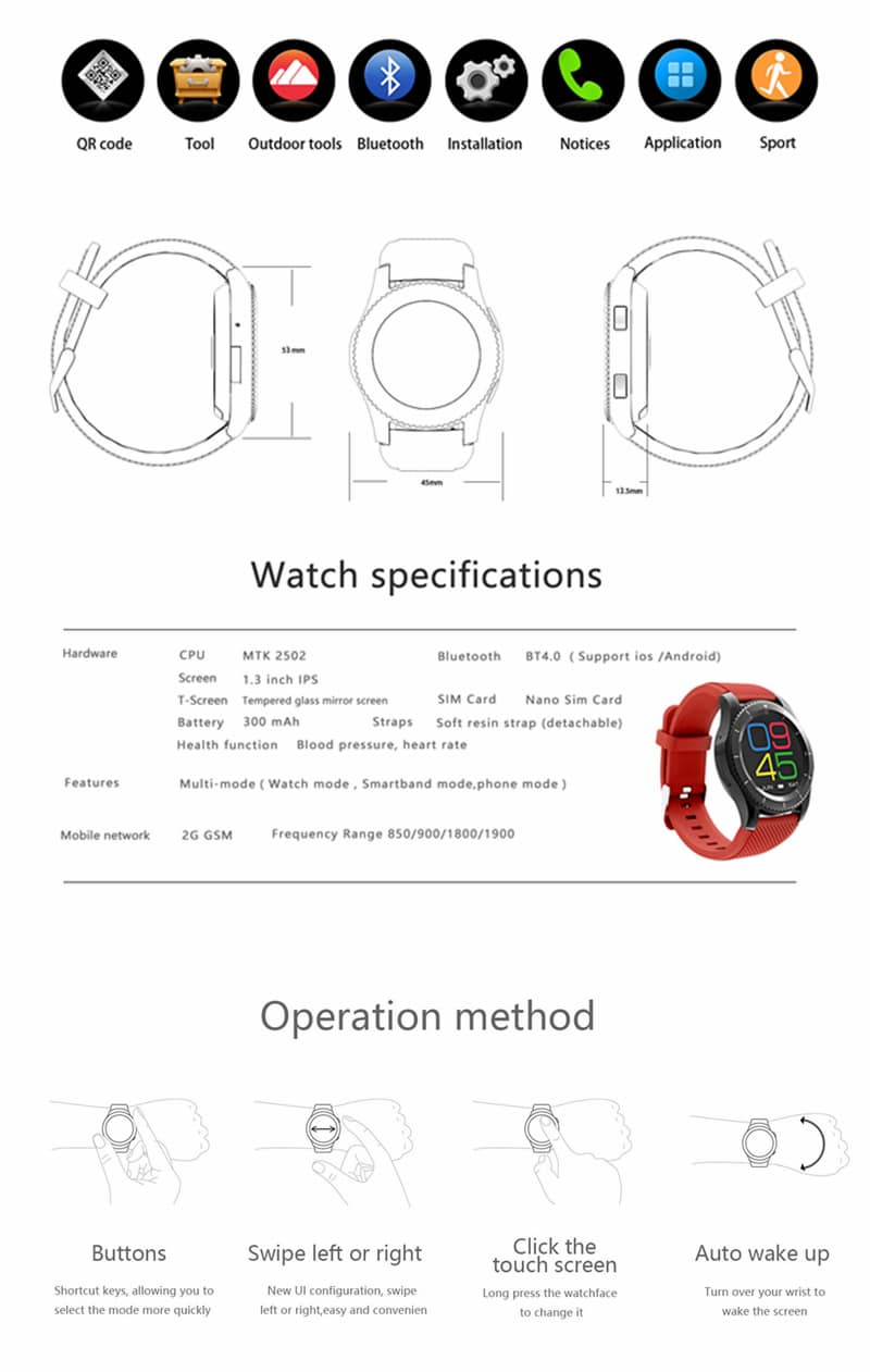 NO.1 G8 MT2502 Blood Pressure Heart Rate Monitor Call SIM Card Smart Watch for Android IOS