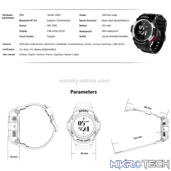 F6 0.96 inch OLED Touch Screen Display Bluetooth 4.0 Smart Watch, IP68 Waterproof, Support Pedometer / Heart Rate Monitor / Drinking Reminder / Bluetooth Camera, Compatible with Android and iOS Phones(Black)