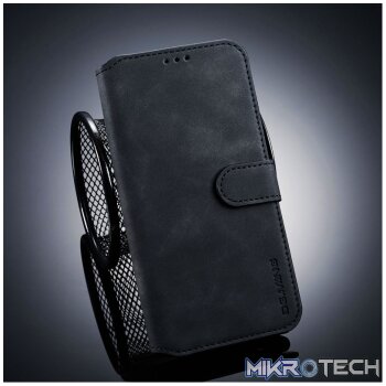 DG.MING Retro Oil Side Horizontal Flip Case for OnePlus 6T, with Holder & Card Slots & Wallet (Black)