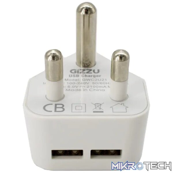 GIZZU 2 x USB 3-Prong Wall Charger White - Image 3