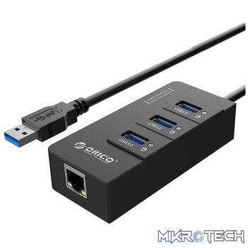 ORICO 3 Port USB3.0 Hub With Gigabit Ethernet Adapter - Black