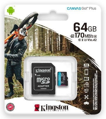 Kingston Canvas Go Plus 64GB microSDXC 170R A2 U3 V30 Card + Adapter