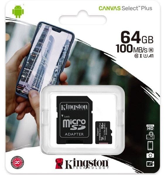 Kingston Canvas Select Plus 64GB miCroSDXC Memory Card with SDXC adapter