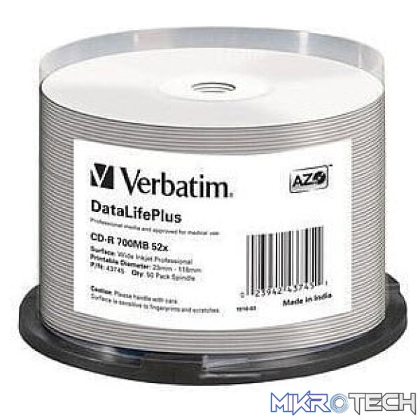 mevev43745_1 Verbatim 43745 CD-R 52x DataLifePlus Wide Inkjet Professional 50pk Spindle - Image 1