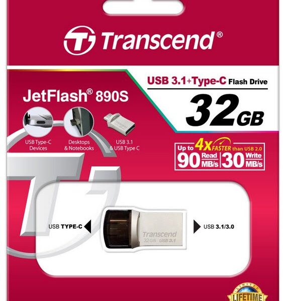Transcend JetFlash 890 Silver 32GB USB Type-C & USB 3.1 OTG Flash Drive