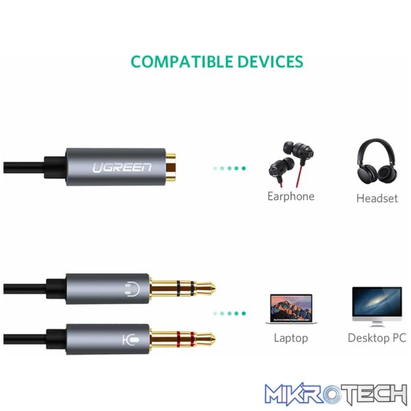 UGreen 20899 3.5mm Audio Female To 2X 3.5mm Audio & Microphone Male Splitter 0.20m Cable With Gold-Plated Connectors - Black Colour - Image 2