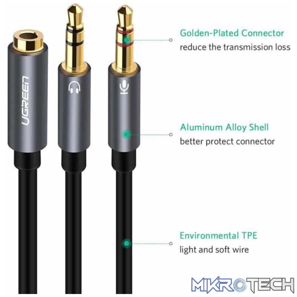 UGreen 20899 3.5mm Audio Female To 2X 3.5mm Audio & Microphone Male Splitter 0.20m Cable With Gold-Plated Connectors - Black Colour - Image 3
