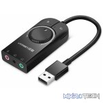 UGreen 40964 USB External Sound Adapter With 15cm Cable+Volume Control Button And Built-In 3.5mm Mono Microphone+Headphone And 4-Pin Combo Mic/Headphone Jack - Black Colour