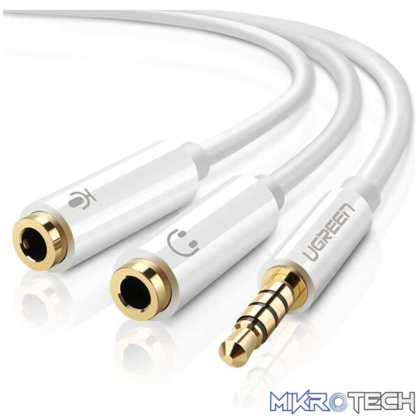 Product UGreen 10789 3.5mm Audio Male to 2X 3.5mm Audio & Microphone Female Splitter 0.20m Cable with Gold-Plated Connectors & Aluminum Casing - White Colour - Image 1