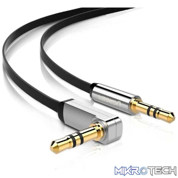 Product UGreen 10598 3.5mm Male to Male 90° Right Angle Flat Audio 1.5m Cable with Gold-Plated Connectors & Widely Compatible with 3.5mm port devices - Black Colour - Image 1