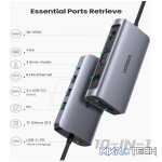 UGreen 80133 USB-C 10-in-1 Docking Station with HDMI/VGA/3x USB3.0/GLAN and SD/TF Slot and 3.5mm AUX and USB-C 100W(max) Power Delivery - Grey Colour - Image 2