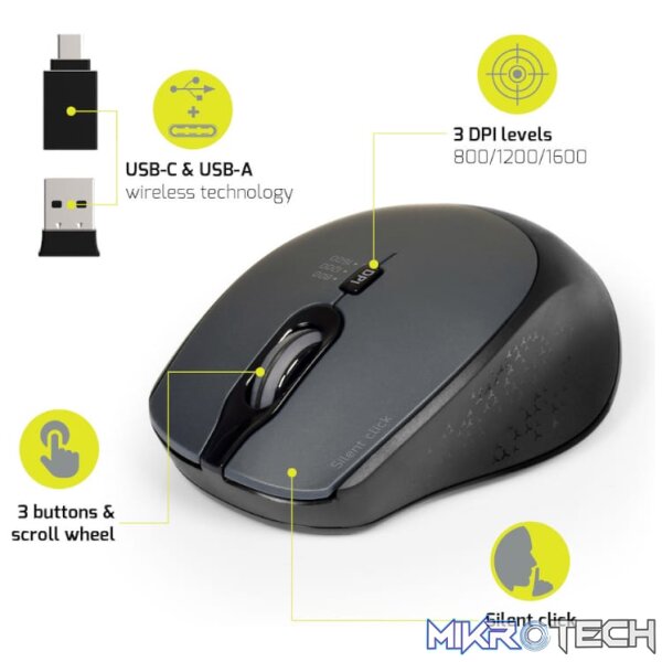 Port Wireless Silent 3600DPI 3 Button USB and Type-C Dongle Mouse - Black - Image 3