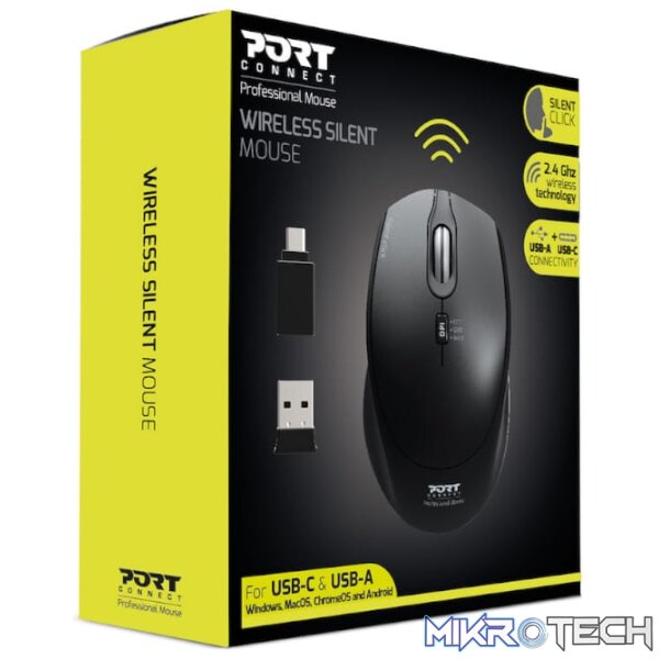 Port Wireless Silent 3600DPI 3 Button USB and Type-C Dongle Mouse - Black - Image 4