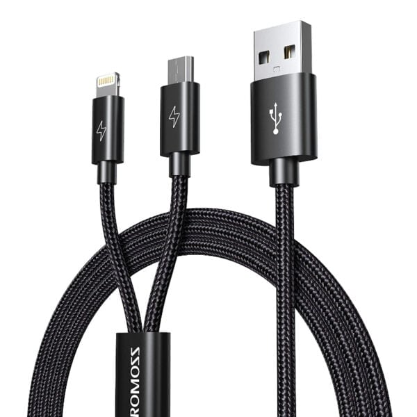 Romoss USB A to Lightning and Micro 1.5m cable Space Grey Nylon Braided Cable