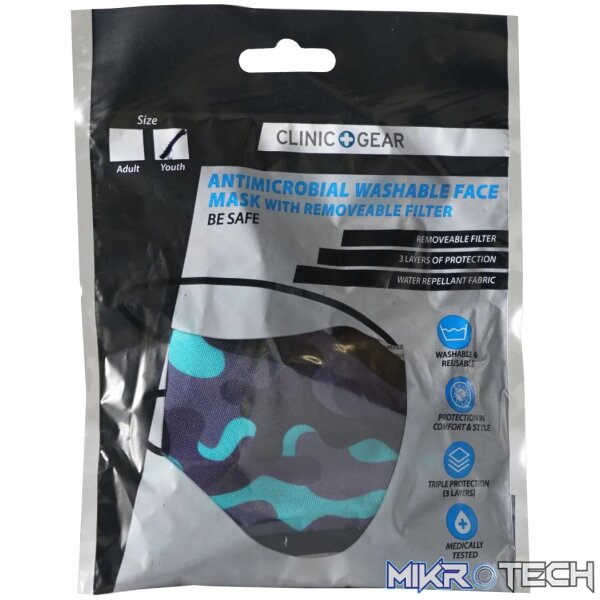 1 Anti-Microbial Printed Mask Boys Cammo - Blue/Grey - Image 1
