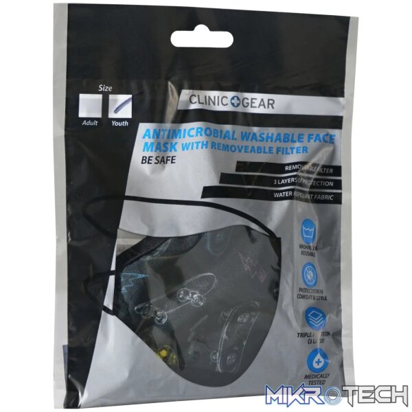 Anti-Microbial Printed Mask Boys Skater - Black - Image 2