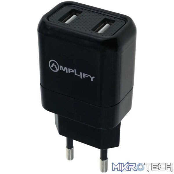 1 Amplify Dual USB Wall Charger with Micro Cable - Black - Image 1