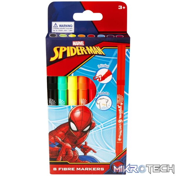 1 Spiderman 8 Primary Colour Fibre Markers Multi - Image 1