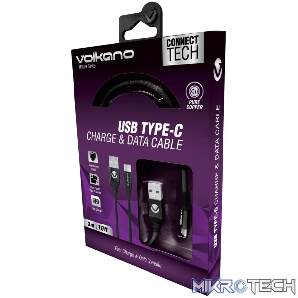 Volkano Weave Series Fabric Braided Type-C Cable 3m - Black - Image 2