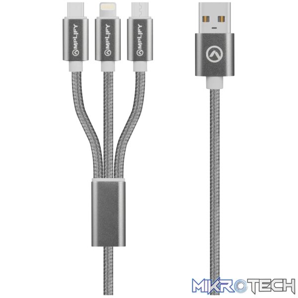 Amplify Linked Series 3 in 1 Charge cable - Gun Metal 1.2m - Image 2