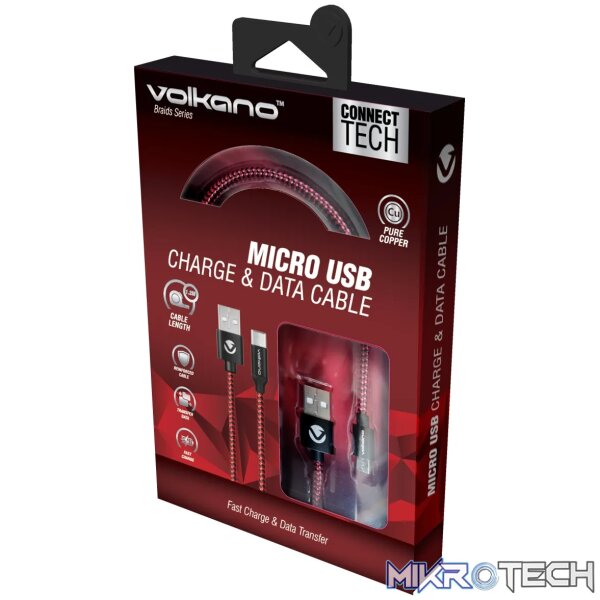 Volkano Braids Series Micro USB Cable - Black/Red - Image 2
