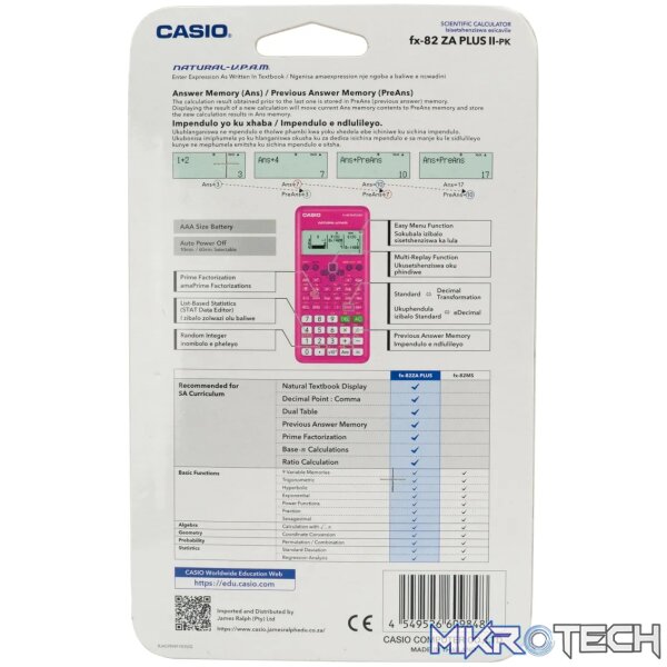 Casio FX-82 ZA Plus II Calculator - Pink - Image 3
