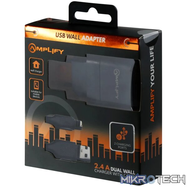 Amplify Dual USB Wall Charger with Micro Cable - Black - Image 3