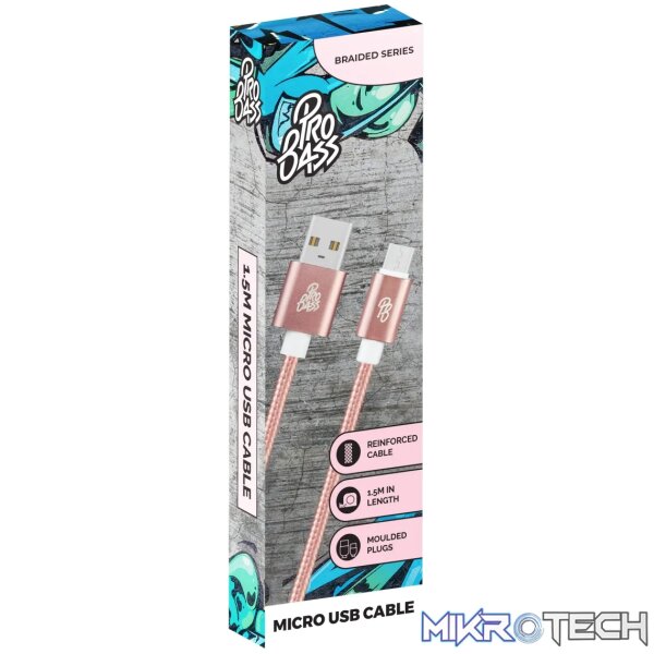 Pro Bass Braided series Micro USB cable pastel pink 1.5m - Image 3