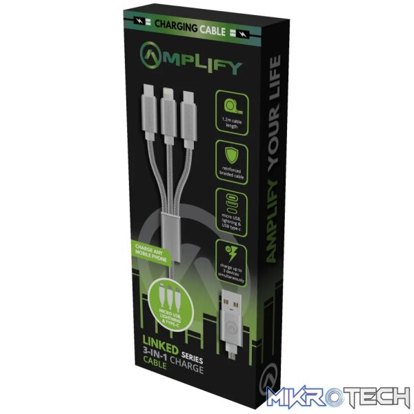 Amplify Linked Series 3 in 1 Charge cable - Gun Metal 1.2m - Image 3