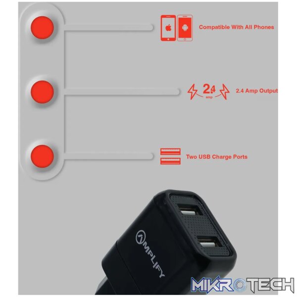 Amplify Dual USB Wall Charger with Micro Cable - Black - Image 4