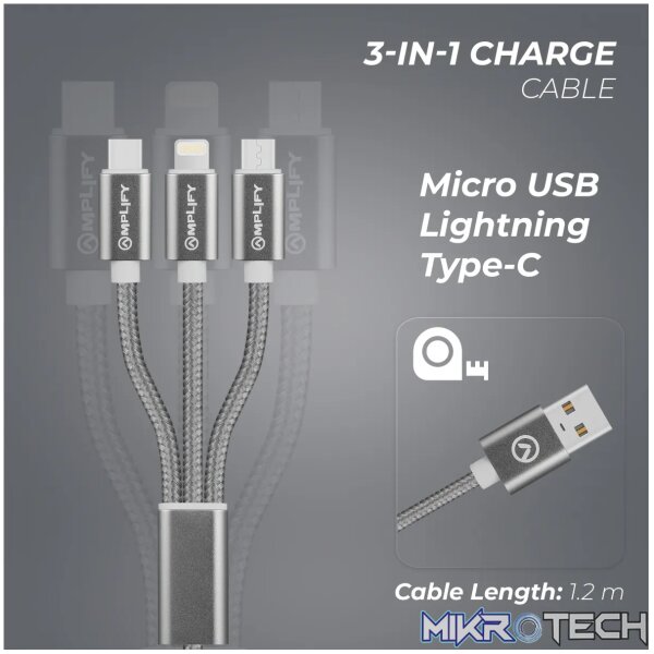 Amplify Linked Series 3 in 1 Charge cable - Gun Metal 1.2m - Image 4