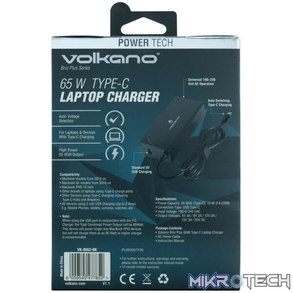Volkano Brio Plus series Type-C 65W laptop charger with USB - Image 4