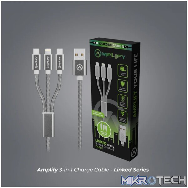 Amplify Linked Series 3 in 1 Charge cable - Gun Metal 1.2m - Image 5