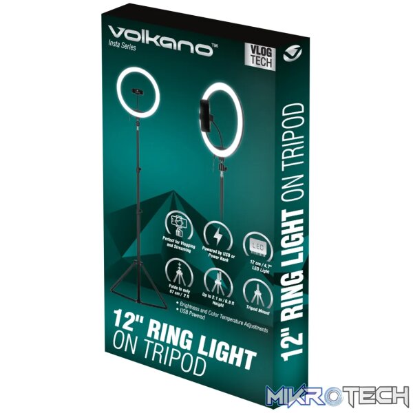 Volkano Insta Series 12 inch Ring Light on Tripod - Black - Image 4