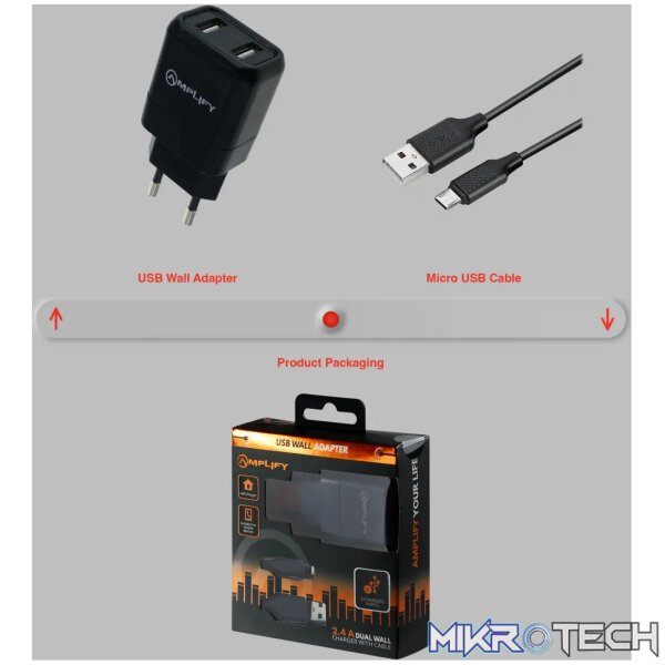 Amplify Dual USB Wall Charger with Micro Cable - Black - Image 6