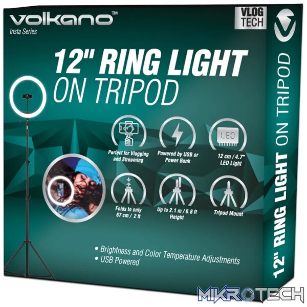Volkano Insta Series 12 inch Ring Light on Tripod - Black - Image 5