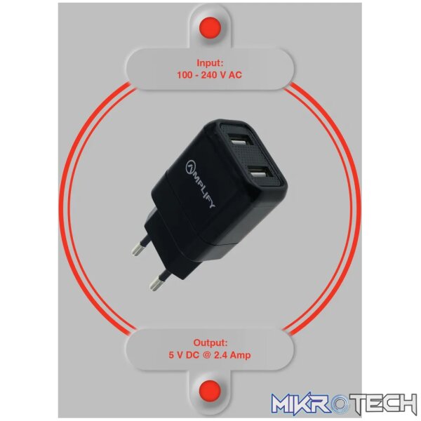 Amplify Dual USB Wall Charger with Micro Cable - Black - Image 7
