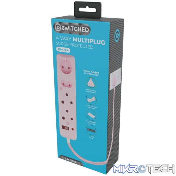 SWITCHED 4 Way Surge Protected Multiplug 3M Pink - Image 7
