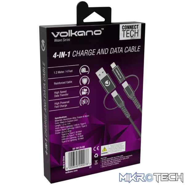 Volkano Weave series 4-in-1 charge & data cable,60 Watt,1.2m - Image 6