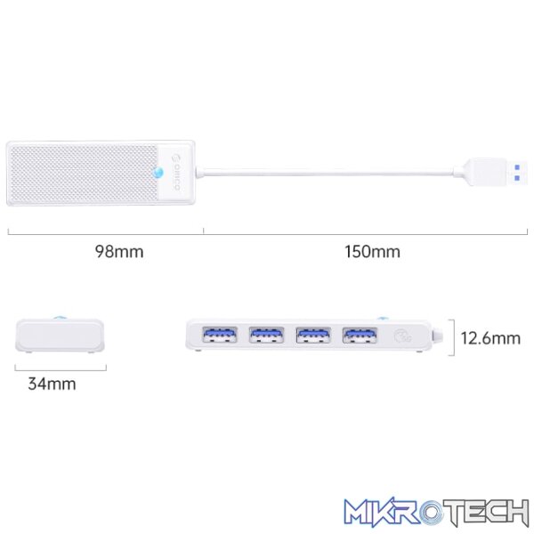 ORICO PW Series 4-Port USB3.0 Hub | USB-A | USB-A3.0 x 4 (5GBPS Sharing) | 15cm |White - Image 2