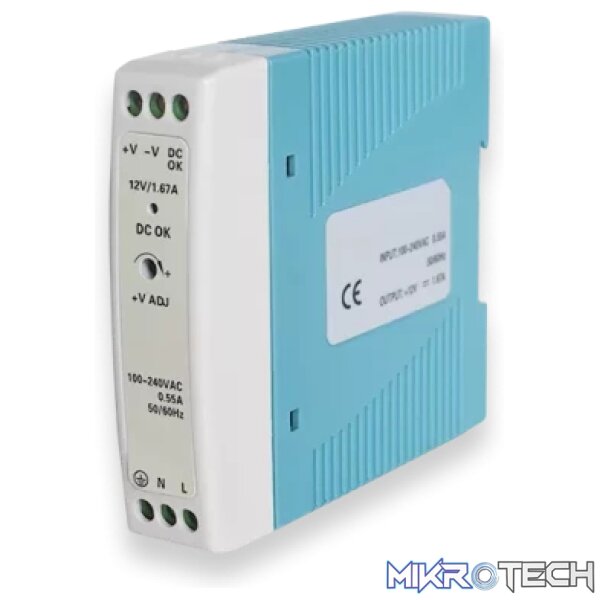 13056 Teltonika Din Rail Supply, 20W, Input Voltage 100-24 VoltsAC, Output Voltage 12 VoltsDC, 35 mm DIN-R - Image 1
