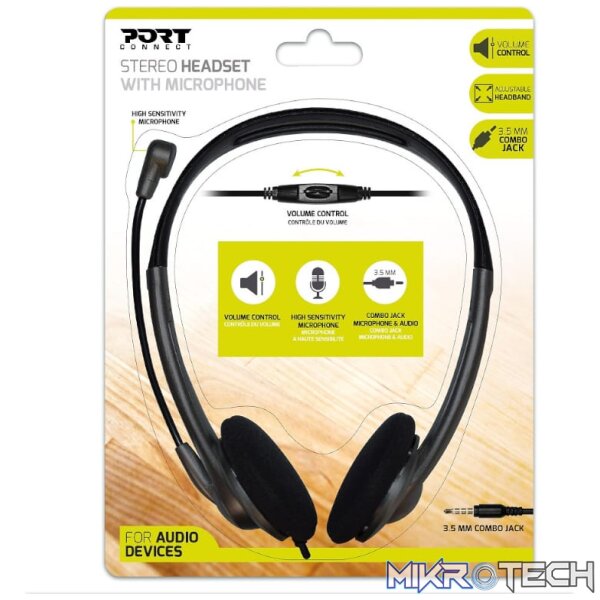 Port Stereo Headset with Mic with 1.2m Cable|1 x 3.5mm|Volume Controller - Black Port Stereo Headset with Mic with 1.2m Cable|1 x 3.5mm|Volume Controller - Black