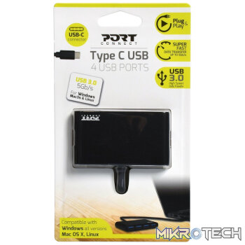 Port USB Type-C to 4 x USB3.0 5Gbps 30cm 4 Port Hub - Black