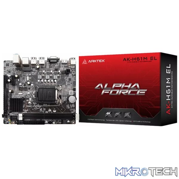 230130170014742501 Arktek Intel H61 Chipset, Socket LGA1155, Dual Channel DDR3, Integrated Intel Graphics X4500 HD, 2 x DDR3 Slots, Realtek 10/100/1000 Gigabit LAN, Realtek Audio, 4 x SATA Ports, 2 x USB 2.0, 1 x PCI Express x16 Slot, Micro-ATX - Image 1