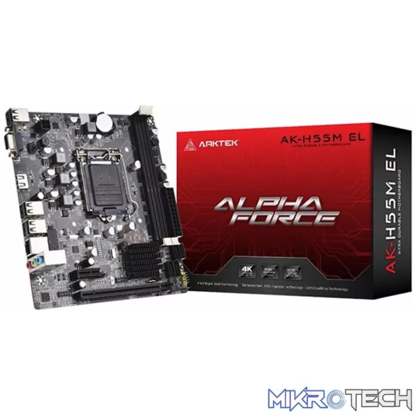 230215150011508148 Arktek Intel H55 Chipset, Socket LGA1156, Dual Channel DDR3, Integrated Intel Graphics X4500 HD, 2 x DDR3 Slots, Realtek 10/100/1000 Gigabit LAN, Realtek Audio, 3 x SATA Ports, 2 x USB 2.0, 1 x PCI Express x16 Slot, Micro-ATX - Image 1