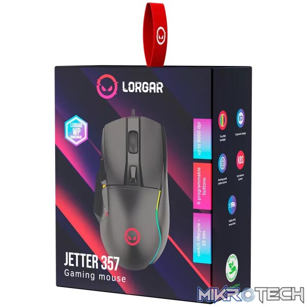 LORGAR Jetter 357, gaming mouse, Optical Gaming Mouse with 6 programmable buttons, Pixart ATG4090 sensor, DPI can be up to 8000, 30 million times key life, 1.8m PVC USB cable, Matt UV coating and RGB lights with 4 LED flowing mode, size:124.90*71.65*41.36mm, 75g - Image 7