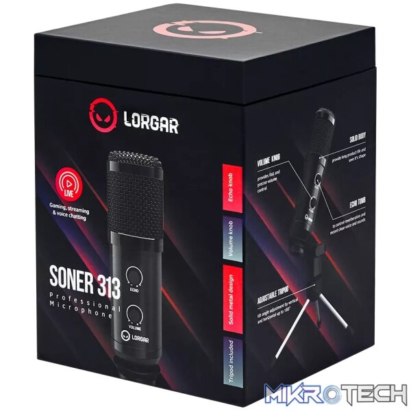 LORGAR Soner 313, Gaming Microphone, USB condenser microphone with Volume Knob & Echo Knob, Frequency Response: 80 Hz—17 kHz, including 1x Microphone, 1 x 2.5M USB Cable, 1 x Tripod Stand, dimensions: Ø47.4*158.2*48.1mm, weight: 243.0g, Black - Image 8