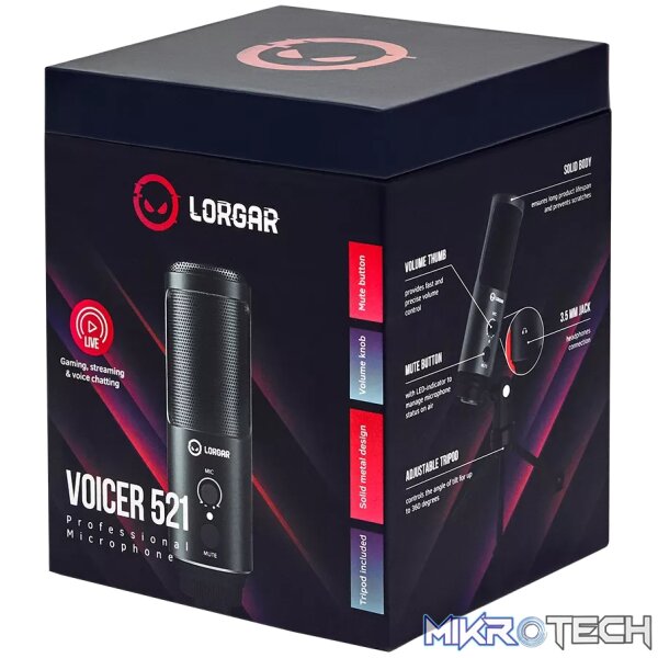 LORGAR Voicer 521, Gaming Microphone, Black, USB condenser mic with Volume Knob, 3.5MM headphonejack, mute button and led indicator, package including 1x F5 Microphone, 1 x 2M type-C USB Cable, 1 xTripod Stand - Image 5